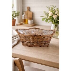 Vintage Wicker Basket with Plastic Liner – Rustic Storage Planter Basket